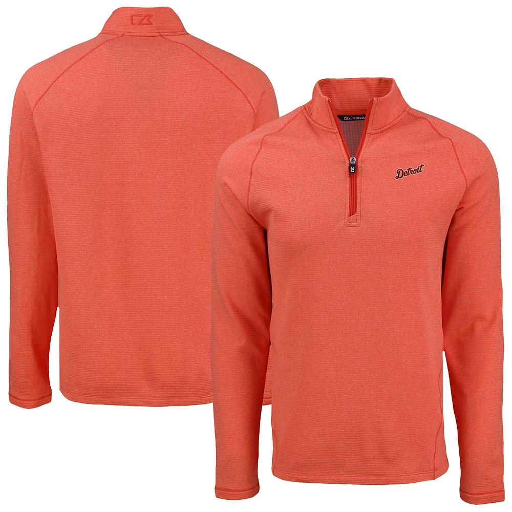 Men's Cutter & Buck Heather Detroit Tigers Peshastin Eco Fleece Recycled Raglan Quarter-Zip Top