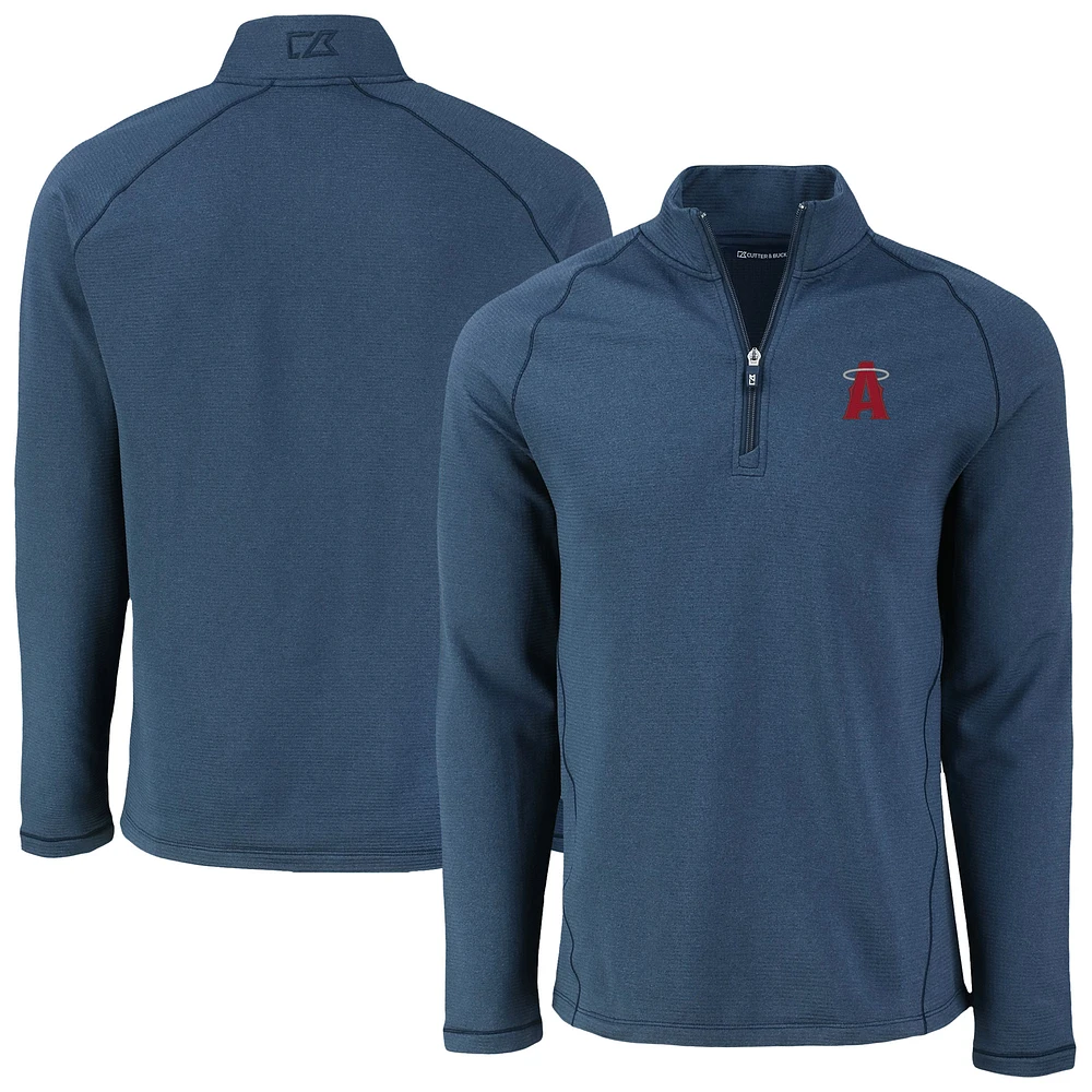 Men's Cutter & Buck Heather Navy Los Angeles Angels Peshastin Eco Fleece Recycled Raglan Quarter-Zip Top