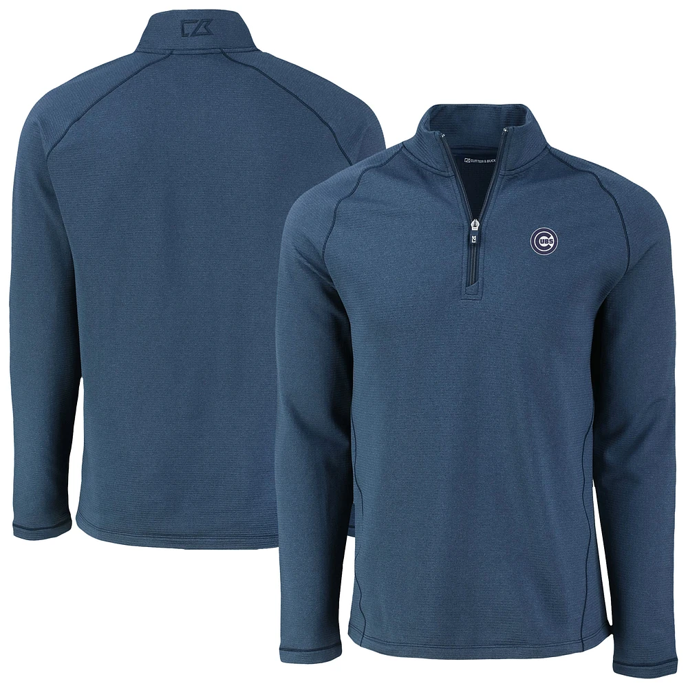 Men's Cutter & Buck Heather Navy Chicago Cubs Peshastin Eco Fleece Recycled Raglan Quarter-Zip Top