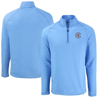 Men's Cutter & Buck Heather Light Blue Chicago Cubs Peshastin Eco Fleece Recycled Raglan Quarter-Zip Top