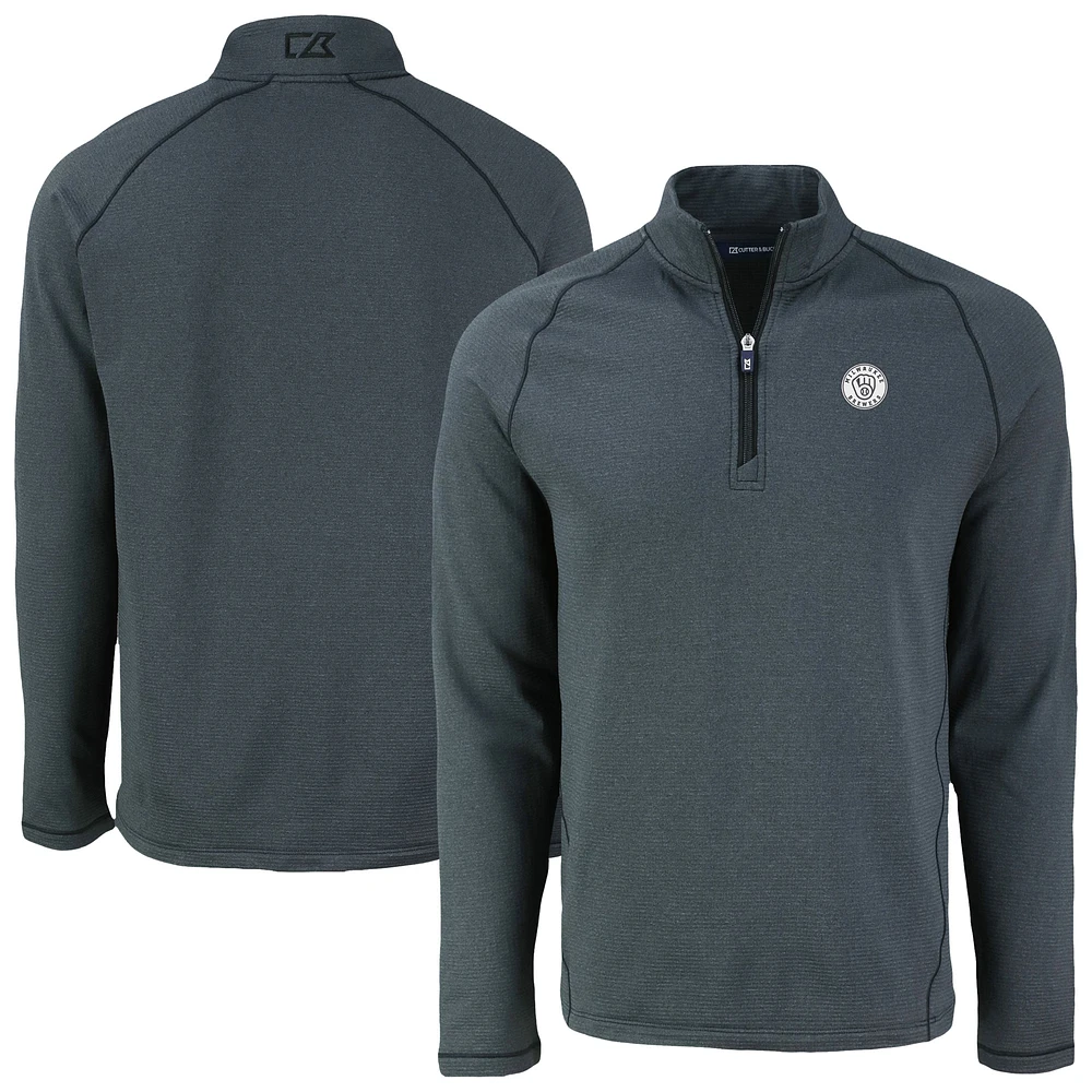 Men's Cutter & Buck Heather Black Milwaukee Brewers Peshastin Eco Fleece Recycled Raglan Quarter-Zip Top