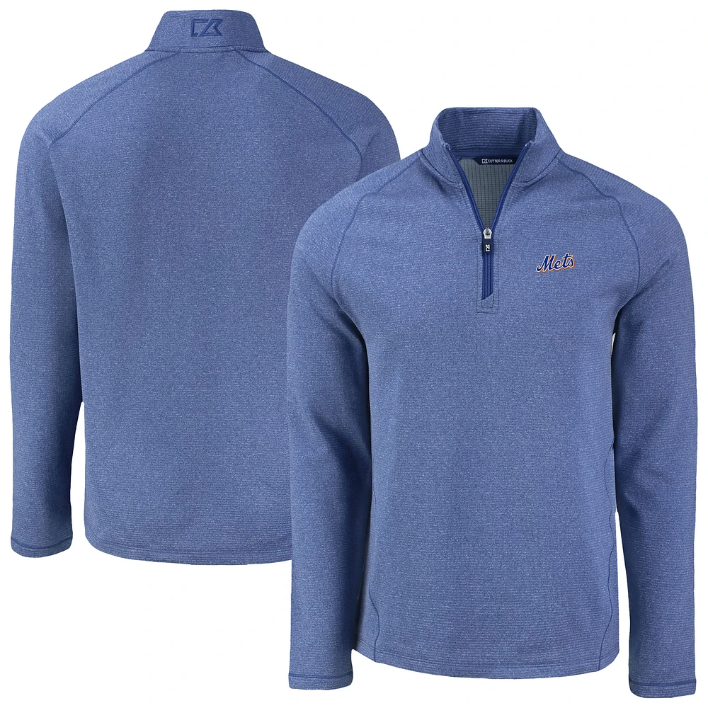 Men's Cutter & Buck Heather Blue New York Mets Peshastin Eco Fleece Recycled Raglan Quarter-Zip Top