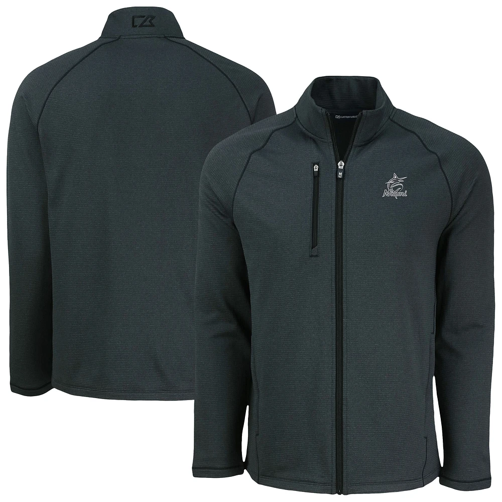 Men's Cutter & Buck Heather Black Miami Marlins Peshastin Eco Fleece Recycled Raglan Full-Zip Jacket