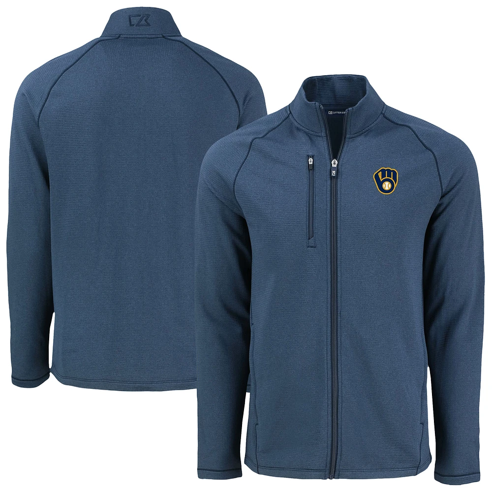 Men's Cutter & Buck Heather Navy Milwaukee Brewers Peshastin Eco Fleece Recycled Raglan Full-Zip Jacket