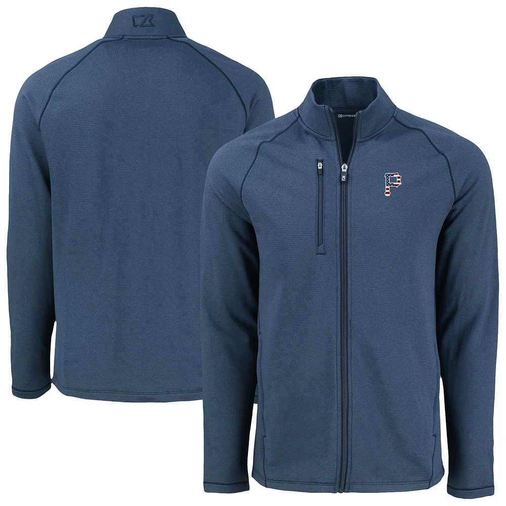 Men's Cutter & Buck Heather Navy Pittsburgh Pirates Peshastin Eco Fleece Recycled Raglan Full-Zip Jacket