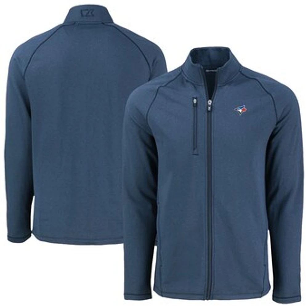 Men's Cutter & Buck Heather Navy Toronto Blue Jays Peshastin Eco Fleece Recycled Tri-Blend Raglan Full-Zip Jacket
