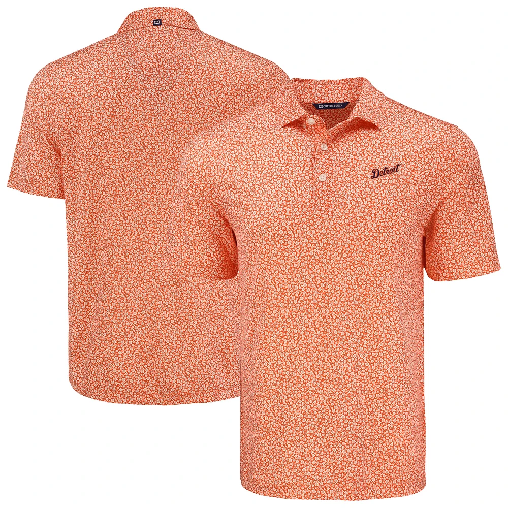 Men's Cutter & Buck Orange Detroit Tigers Pike Eco Flora Print Recycled Polo