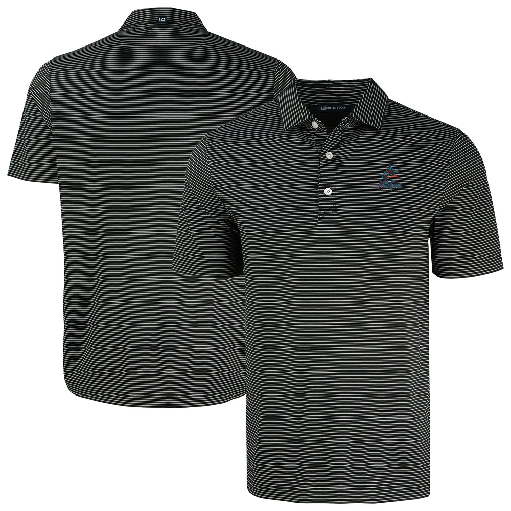 Men's Cutter & Buck Black Miami Marlins Forge Eco Fine Line Stripe Polo