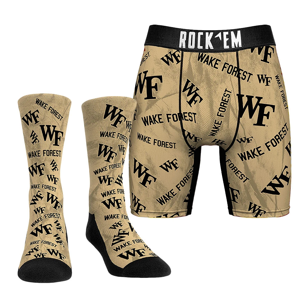 Men's Rock Em Socks Tan Wake Forest Demon Deacons Allover Logo Underwear and Crew Combo Pack