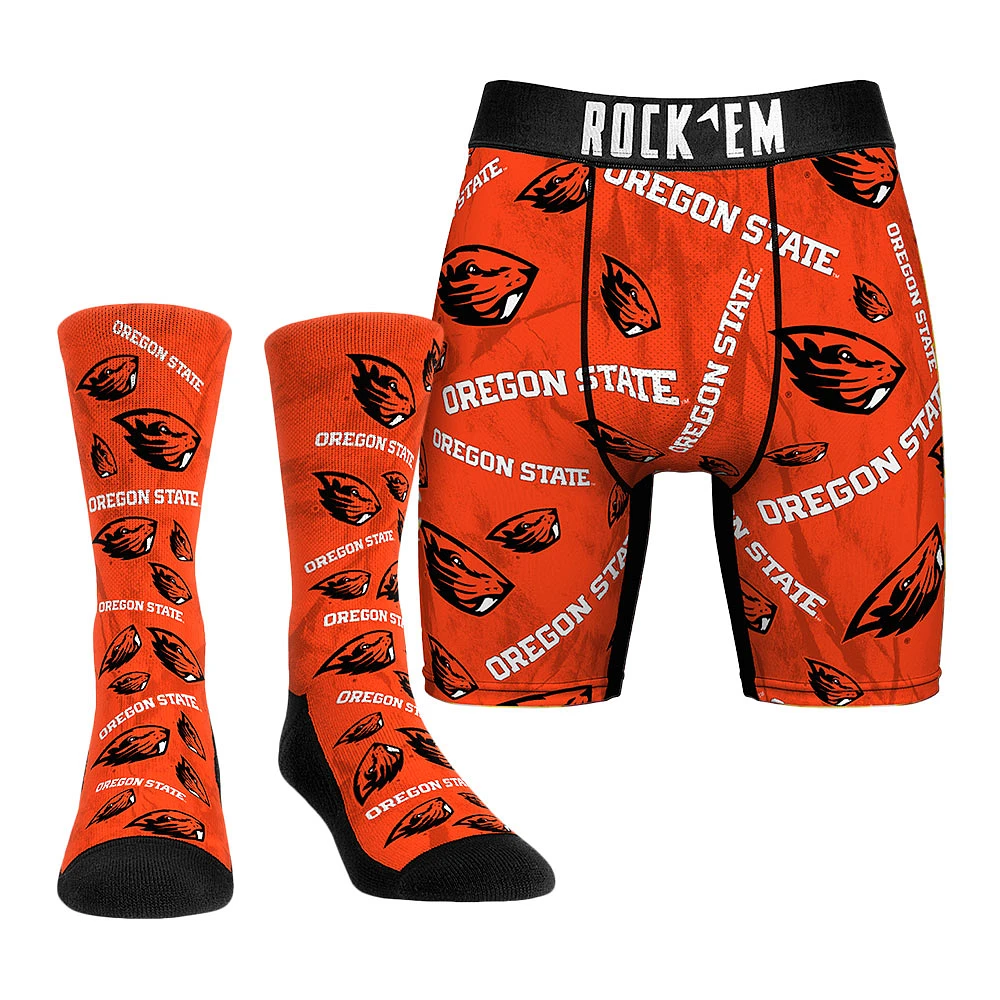Men's Rock Em Socks Orange Oregon State Beavers Allover Logo Underwear and Crew Combo Pack