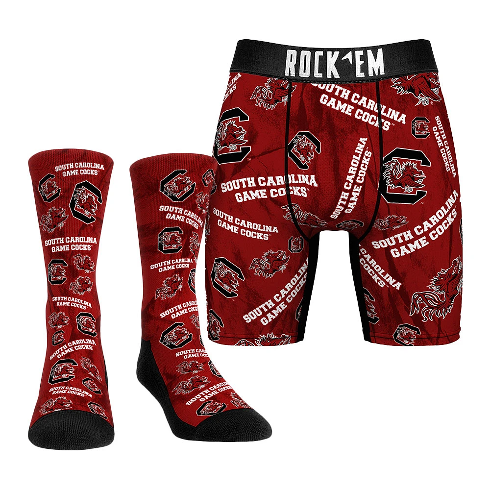 Men's Rock Em Socks Garnet South Carolina Gamecocks Allover Logo Underwear and Crew Combo Pack