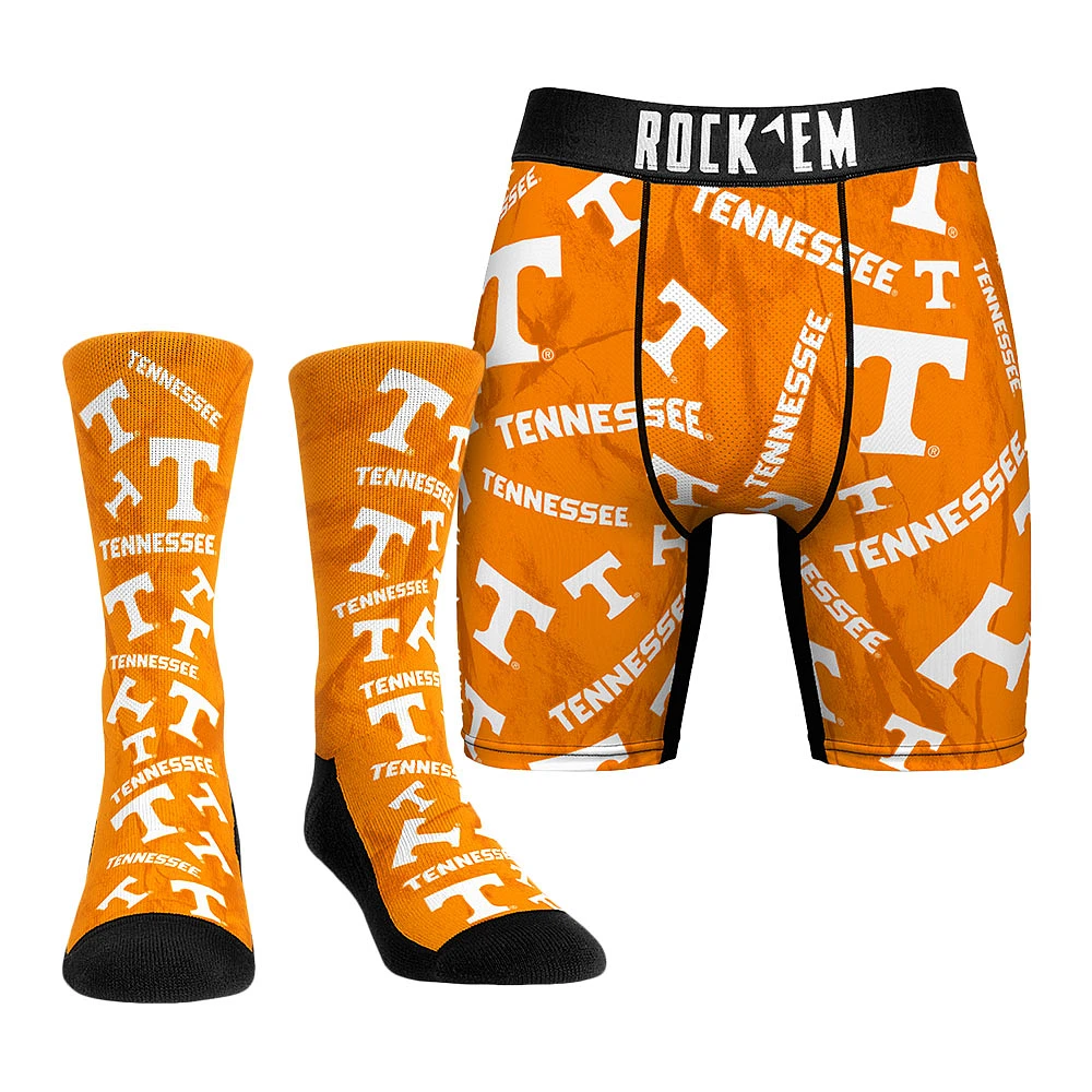 Men's Rock Em Socks Tennessee Orange Volunteers Allover Logo Underwear and Crew Combo Pack
