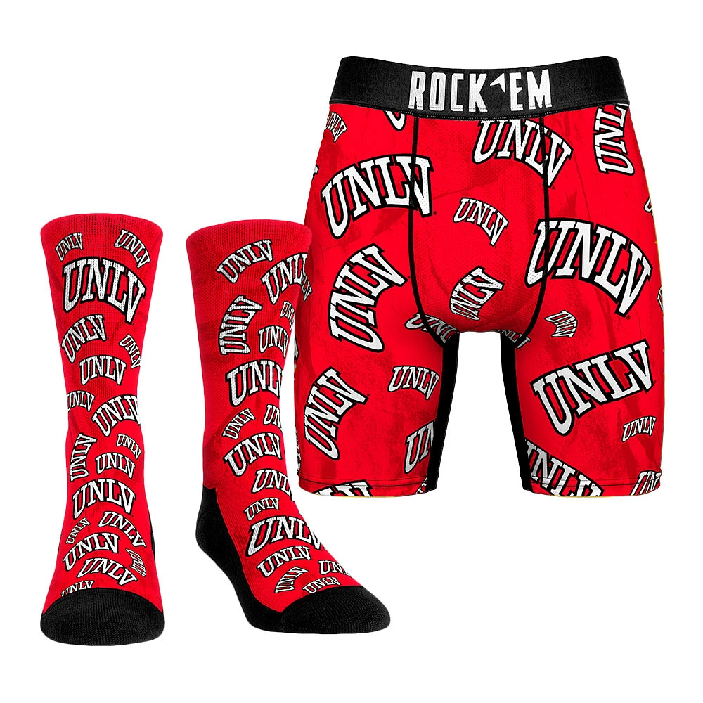 Men's Rock Em Socks Scarlet UNLV Rebels Allover Logo Underwear and Crew Combo Pack