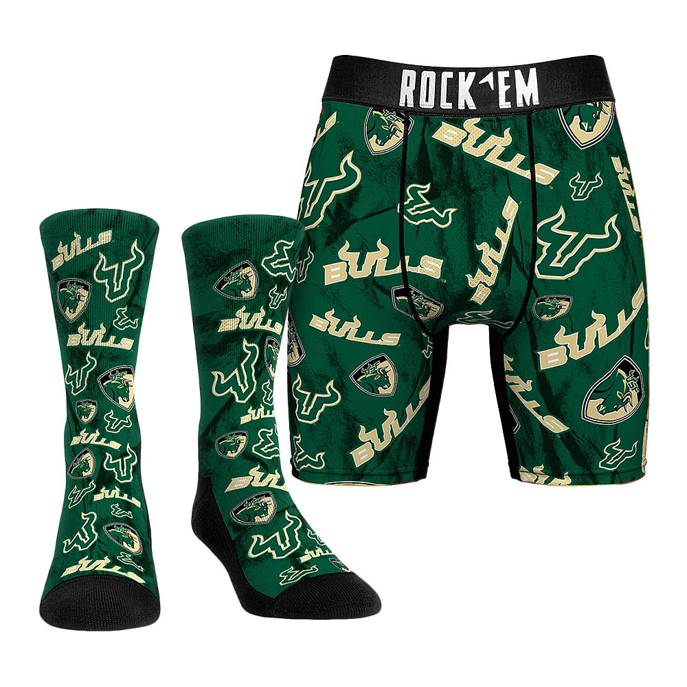 Men's Rock Em Socks Green South Florida Bulls Allover Logo Underwear and Crew Combo Pack