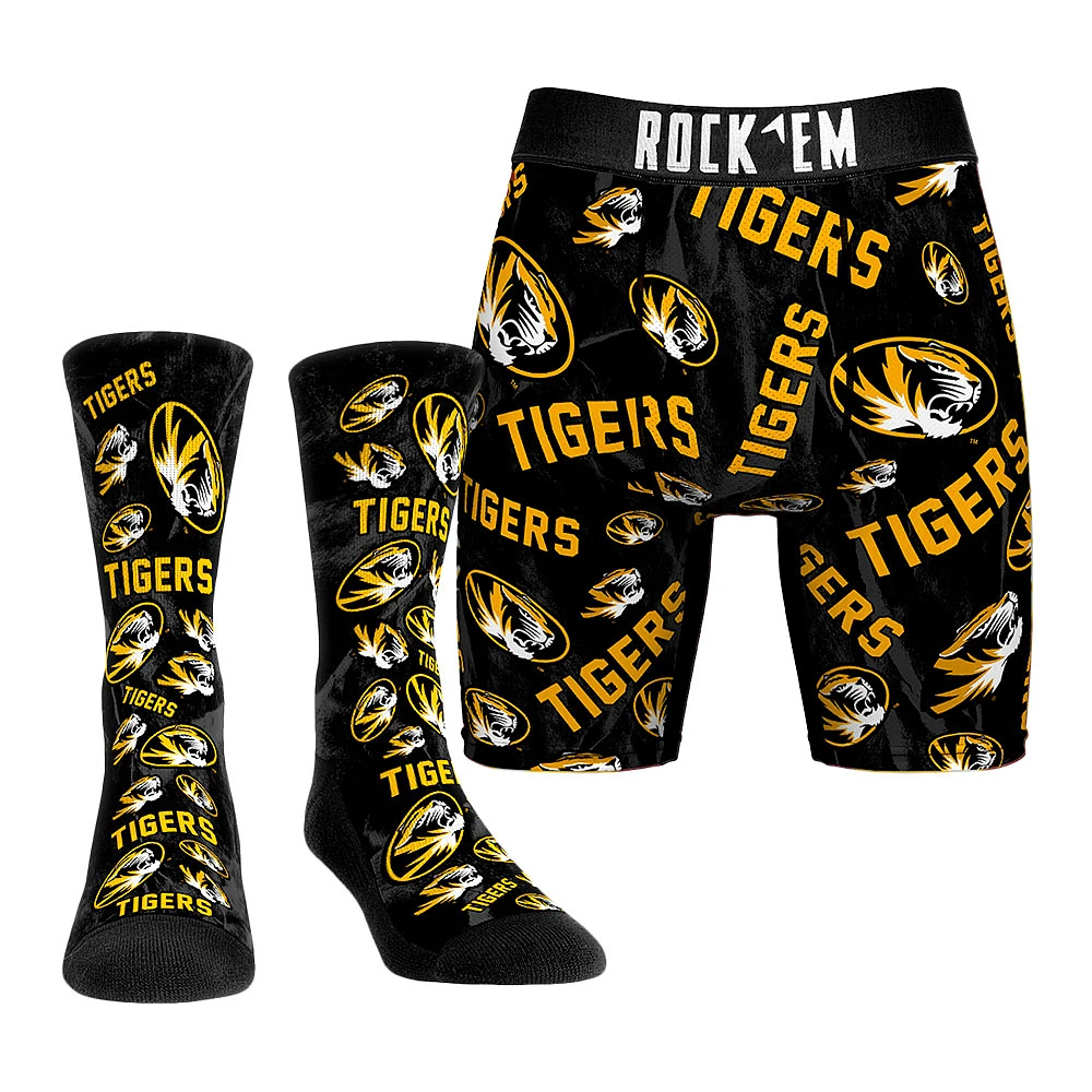 Men's Rock Em Socks Black Missouri Tigers Allover Logo Underwear and Crew Combo Pack