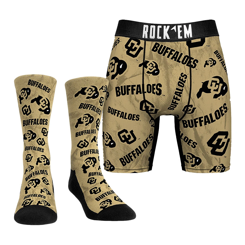 Men's Rock Em Socks Gold Colorado Buffaloes Allover Logo Underwear and Crew Combo Pack