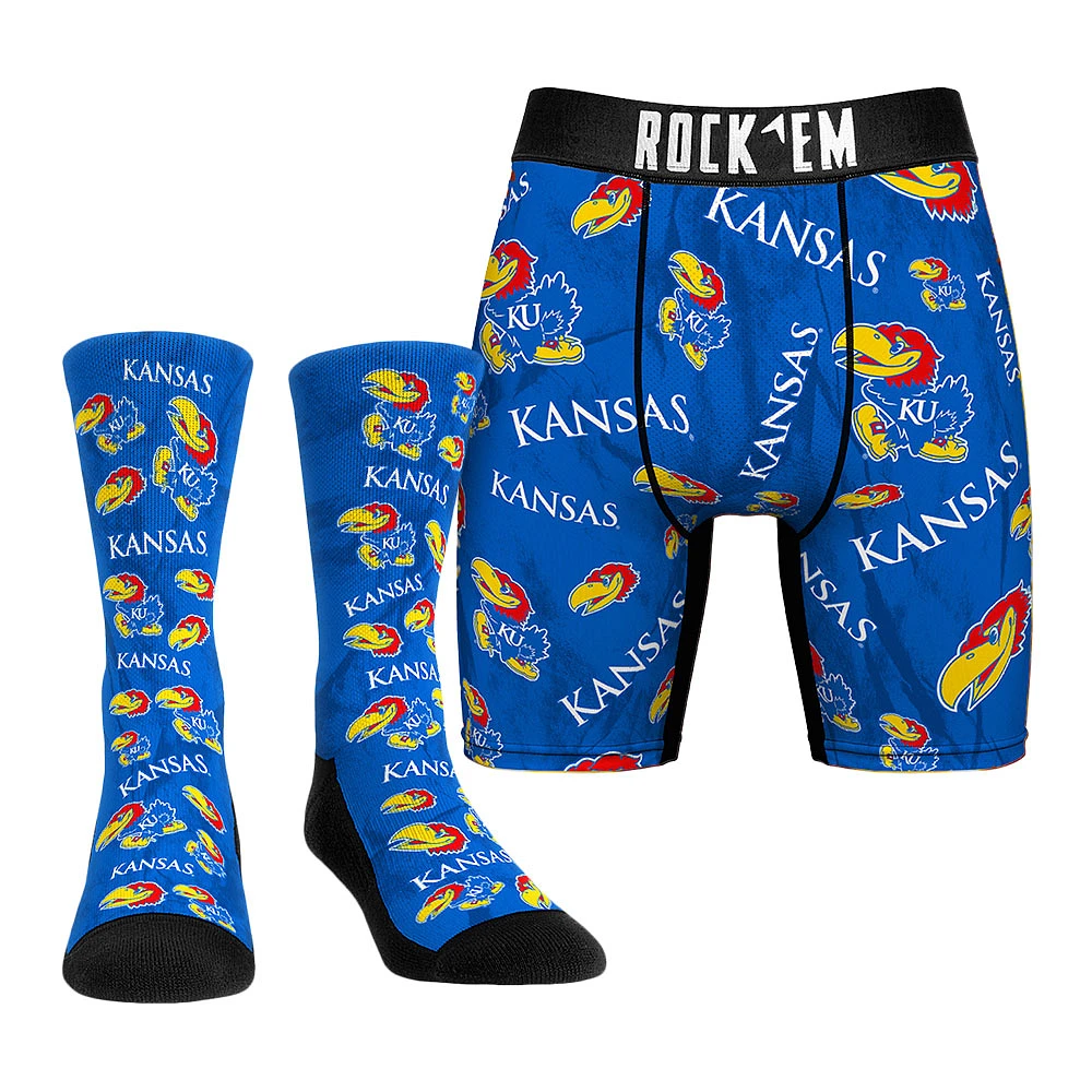 Men's Rock Em Socks Royal Kansas Jayhawks Allover Logo Underwear and Crew Combo Pack