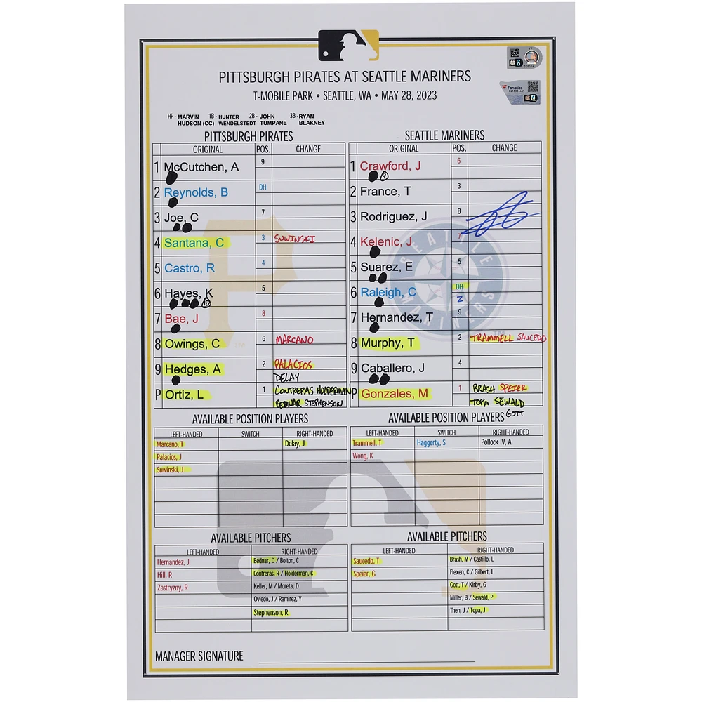 Julio Rodriguez Seattle Mariners Autographed Game-Used Lineup Card vs. Pittsburgh Pirates on May 28, 2023