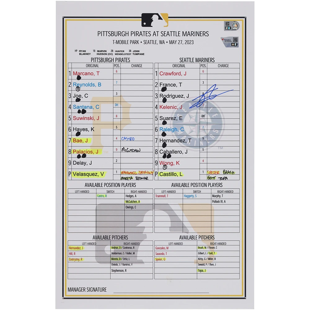 Julio Rodriguez Seattle Mariners Autographed Game-Used Lineup Card vs. Pittsburgh Pirates on May 27, 2023