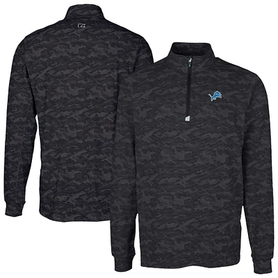 Men's Cutter & Buck Black Detroit Lions Traverse Camo Print Stretch Quarter-Zip Top