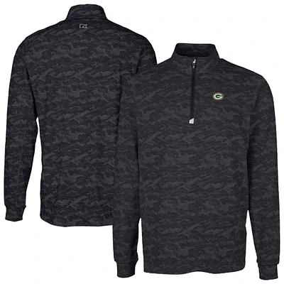Men's Cutter & Buck Black Green Bay Packers Traverse Camo Print Stretch Quarter-Zip Top