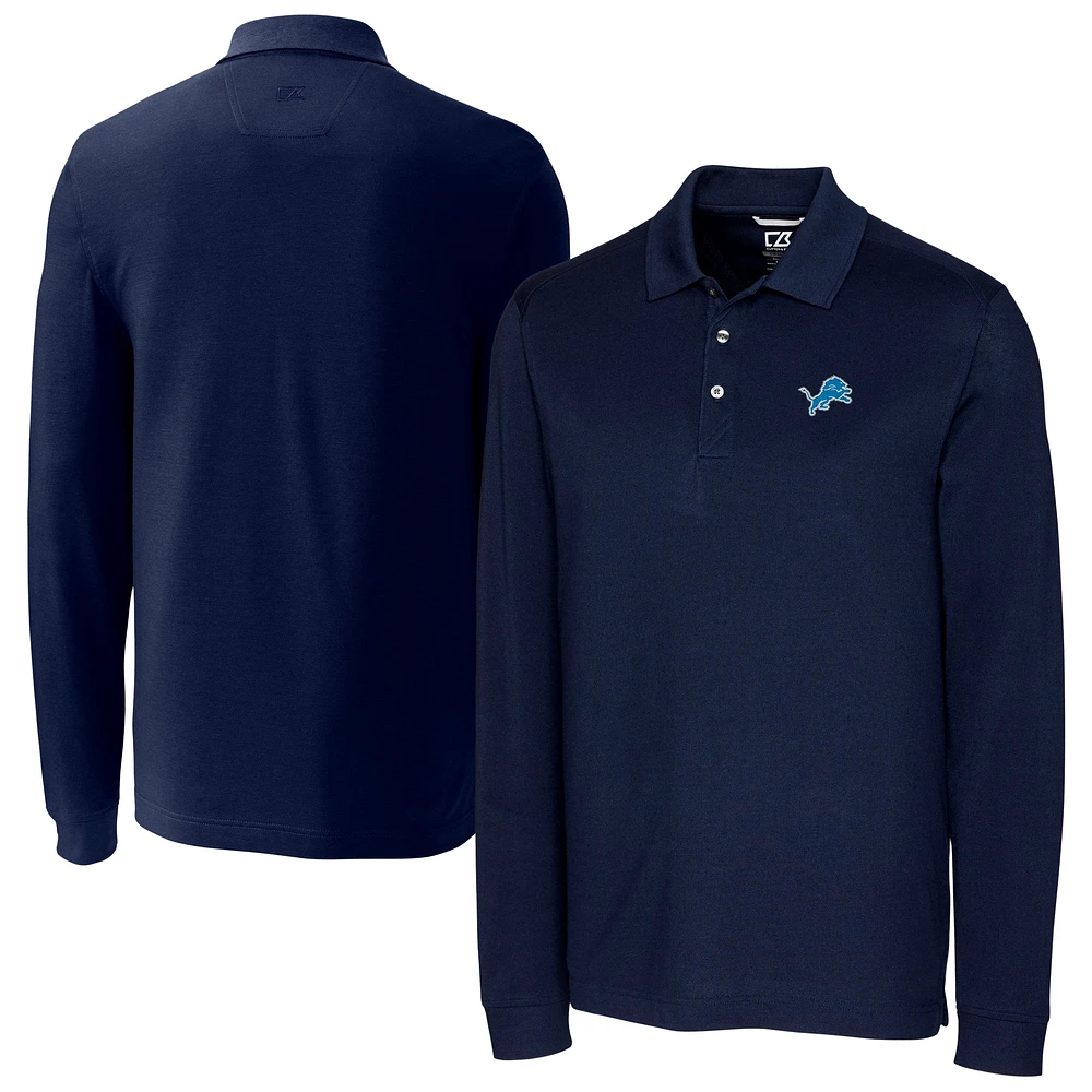 Men's Cutter & Buck Navy Detroit Lions Advantage Tri-Blend Pique Long Sleeve Polo