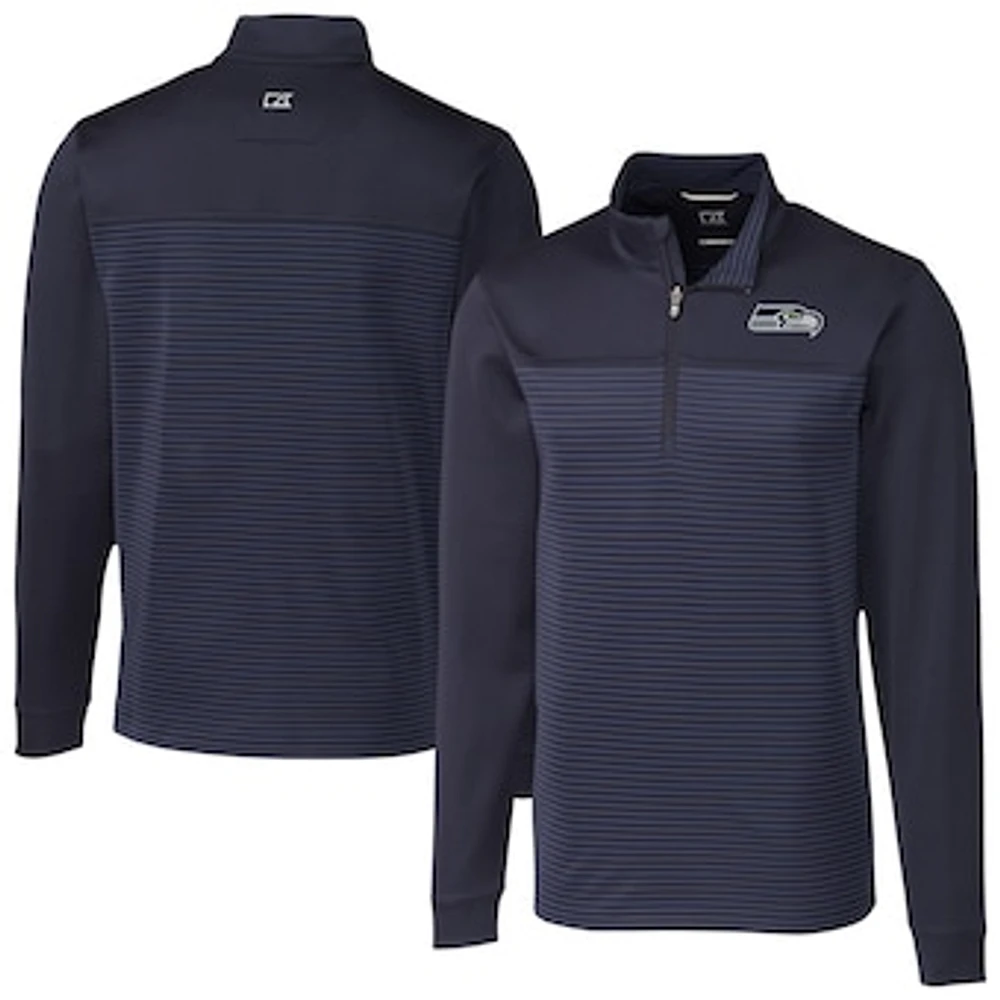 Men's Cutter & Buck Navy Seattle Seahawks Traverse Stripe Stretch DryTec Quarter-Zip Top