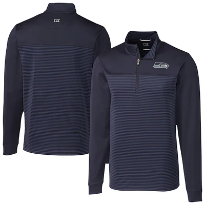Men's Cutter & Buck Navy Seattle Seahawks Traverse Stripe Stretch DryTec Quarter-Zip Top