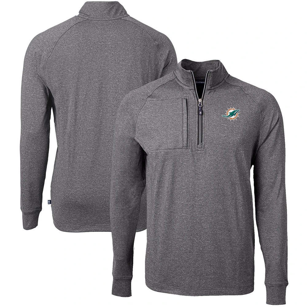 Men's Cutter & Buck Heather Black Miami Dolphins Big Tall Adapt Eco Raglan Quarter-Zip Jacket