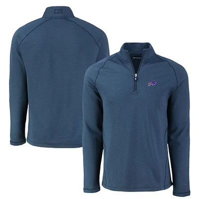 Men's Cutter & Buck Heather Navy Buffalo Bills Peshastin Eco Fleece Tri-Blend Raglan Recycled Quarter-Zip Jacket