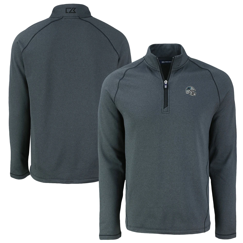 Men's Cutter & Buck Heather Carolina Panthers Peshastin Eco Fleece Tri-Blend Raglan Recycled Quarter-Zip Jacket