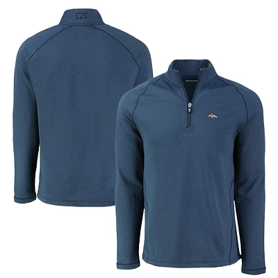 Men's Cutter & Buck Heather Navy Denver Broncos Peshastin Eco Fleece Tri-Blend Raglan Recycled Quarter-Zip Jacket
