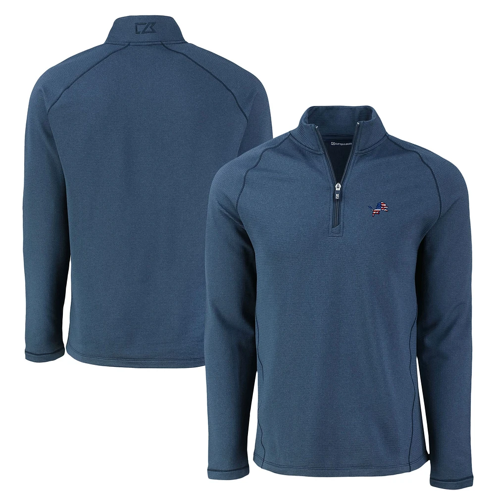 Men's Cutter & Buck Heather Navy Detroit Lions Peshastin Eco Fleece Tri-Blend Raglan Recycled Quarter-Zip Jacket