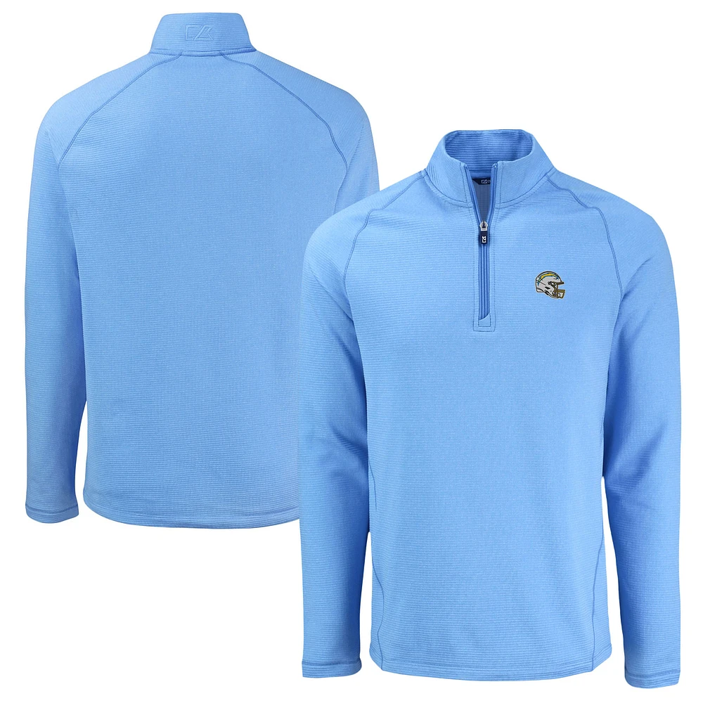 Men's Cutter & Buck Heather Powder Blue Los Angeles Chargers Peshastin Eco Fleece Tri-Blend Raglan Recycled Quarter-Zip Jacket