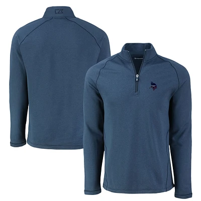 Men's Cutter & Buck Heather Navy Minnesota Vikings Peshastin Eco Fleece Tri-Blend Raglan Recycled Quarter-Zip Jacket