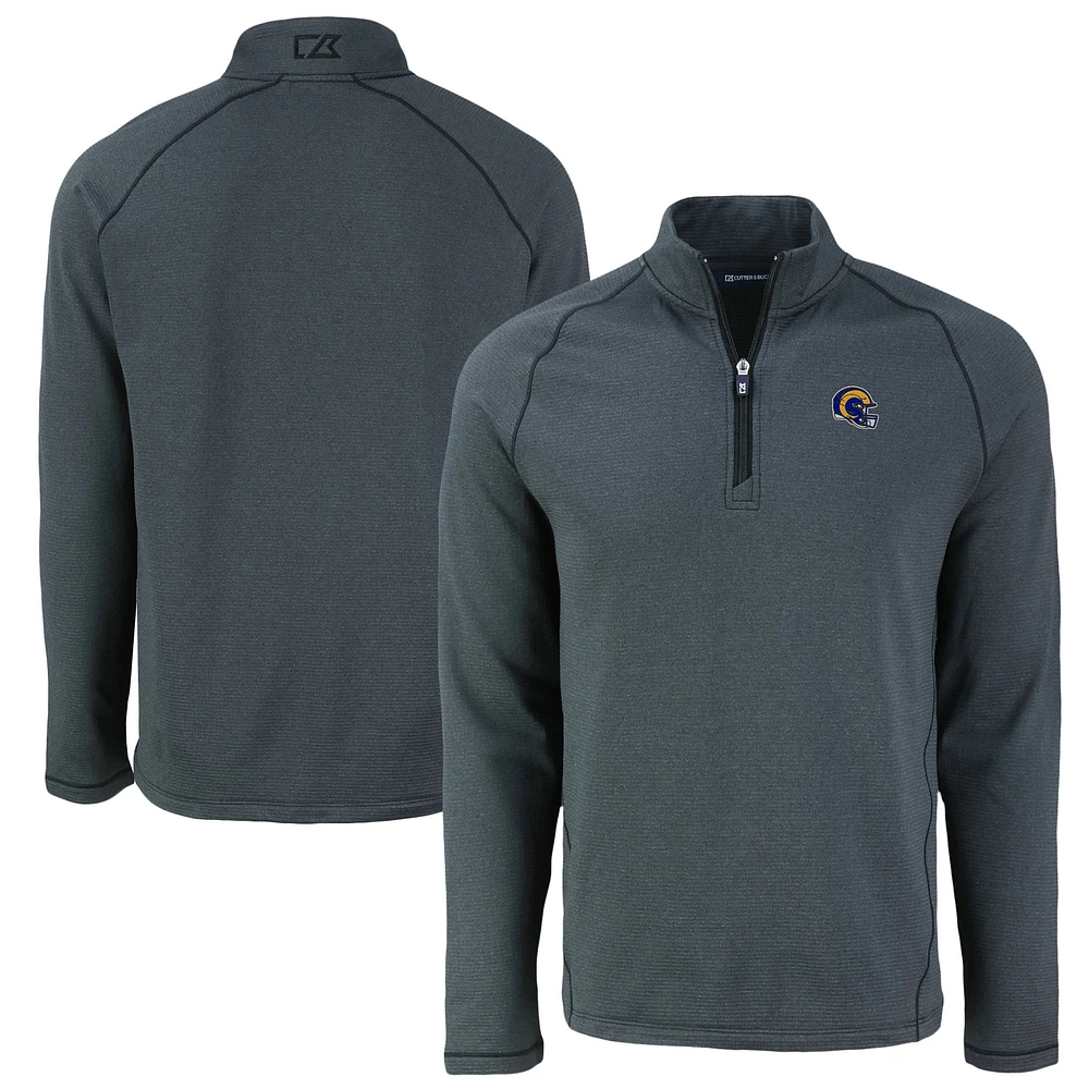 Men's Cutter & Buck Heather Black Los Angeles Rams Peshastin Eco Fleece Tri-Blend Raglan Recycled Quarter-Zip Jacket
