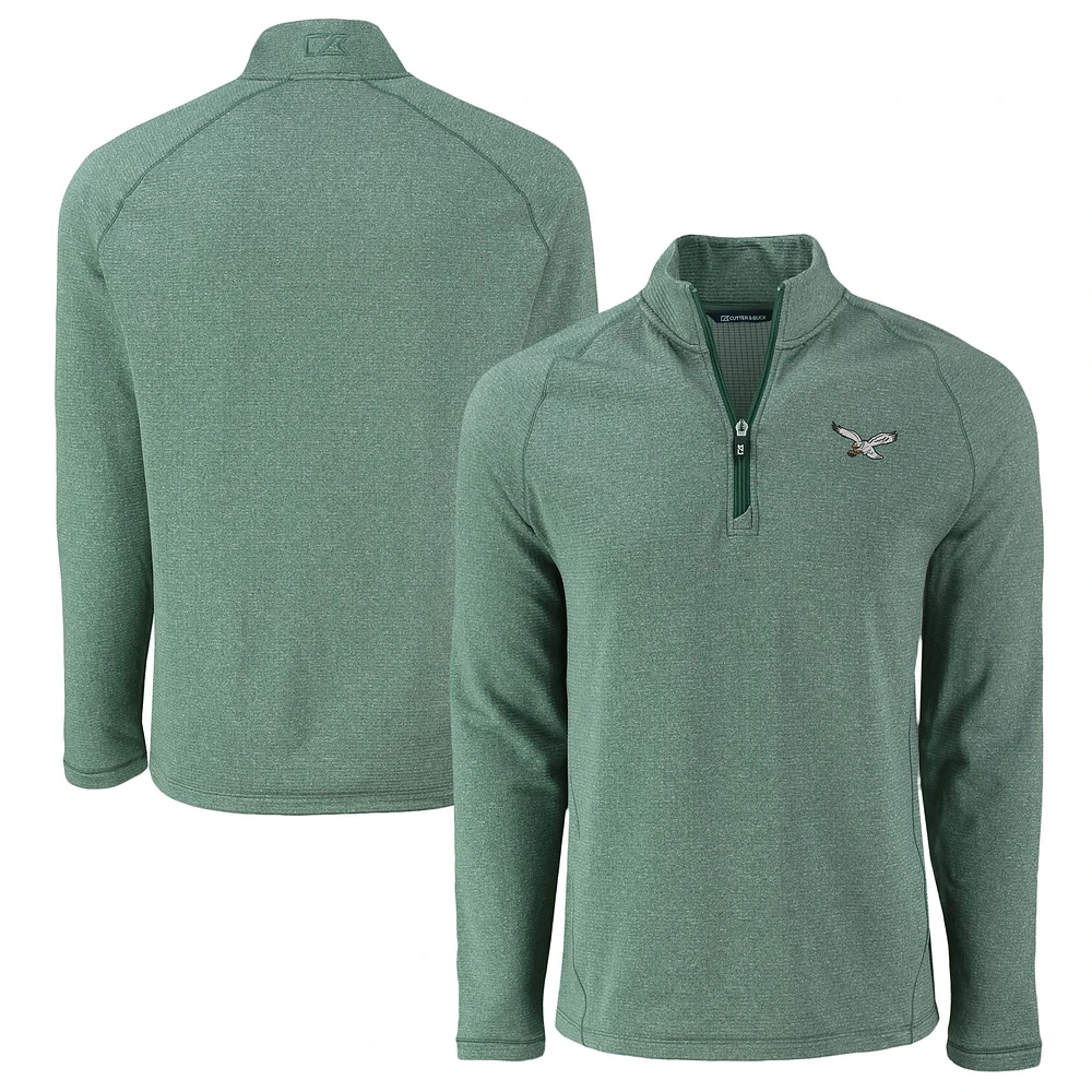 Men's Cutter & Buck Heather Kelly Green Philadelphia Eagles Peshastin Eco Fleece Tri-Blend Raglan Recycled Quarter-Zip Jacket