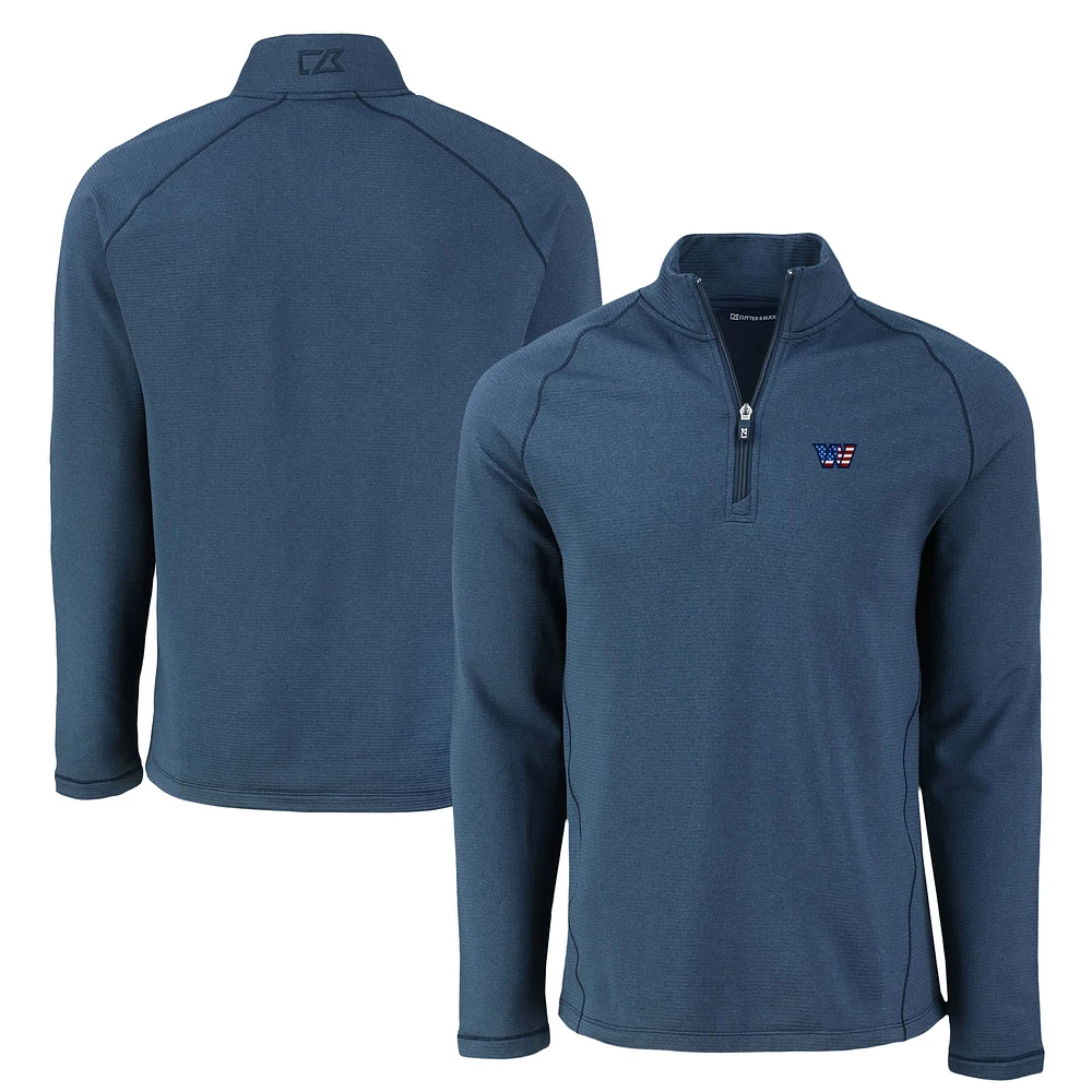 Men's Cutter & Buck Heather Navy Washington Commanders Peshastin Eco Fleece Tri-Blend Raglan Recycled Quarter-Zip Jacket