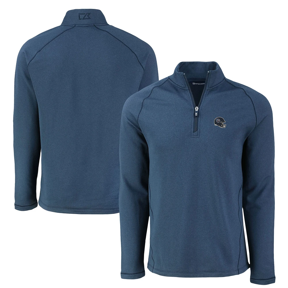 Men's Cutter & Buck Heather Navy Tennessee Titans Peshastin Eco Fleece Tri-Blend Raglan Recycled Quarter-Zip Jacket