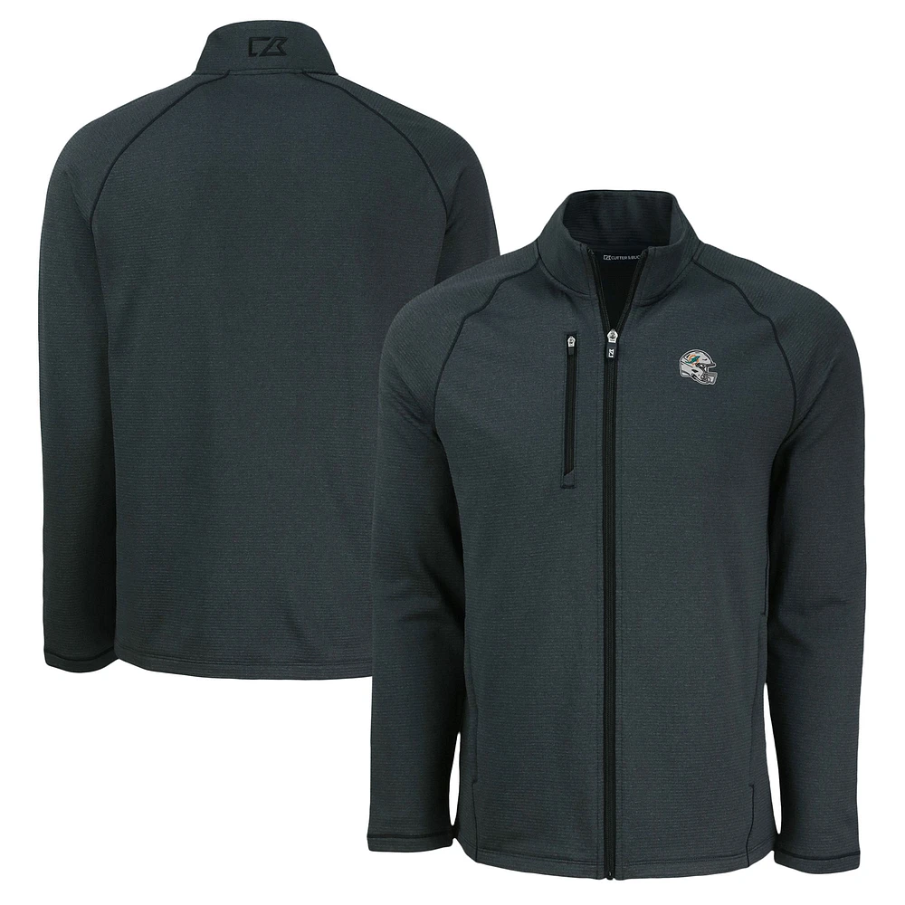 Men's Cutter & Buck Heather Black Miami Dolphins Peshastin Eco Fleece Recycled Raglan Tri-Blend Full-Zip Jacket