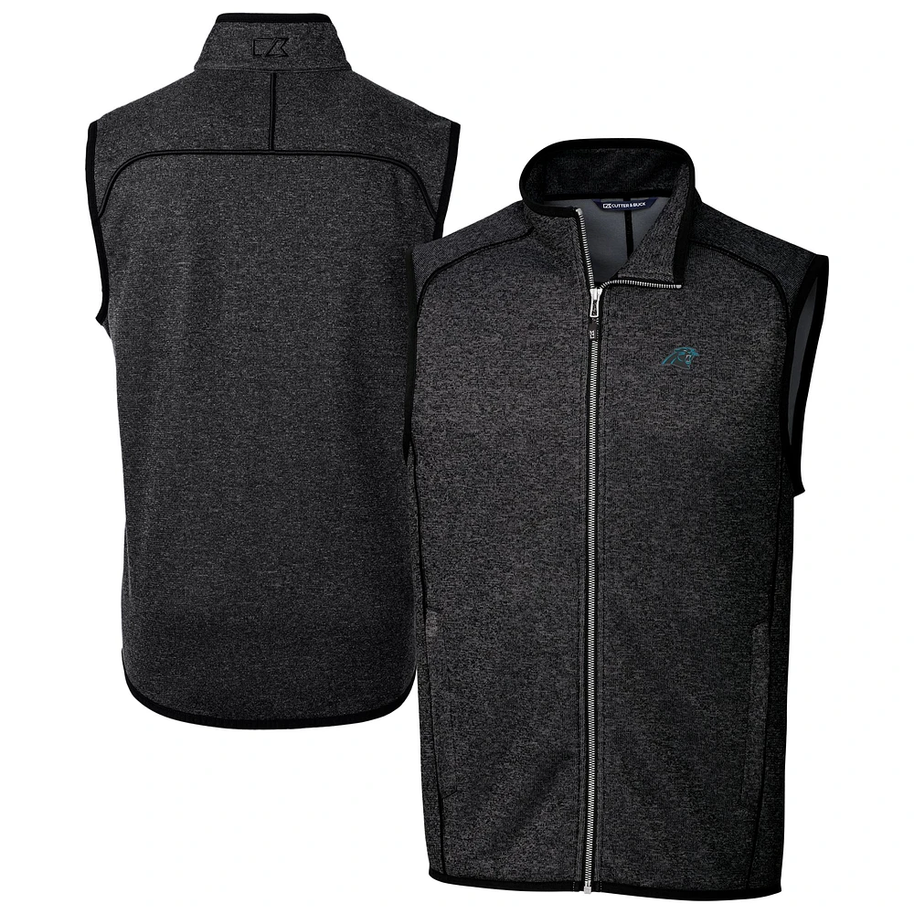 Men's Cutter & Buck Heather Charcoal Carolina Panthers Big Tall Mainsail Sweater Knit Fleece Full-Zip Vest