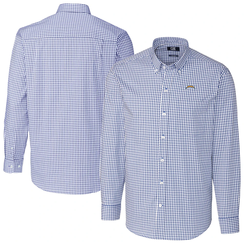 Men's Cutter & Buck Blue Los Angeles Chargers Easy Care Stretch Gingham Big Tall Long Sleeve Button-Down Dress Shirt