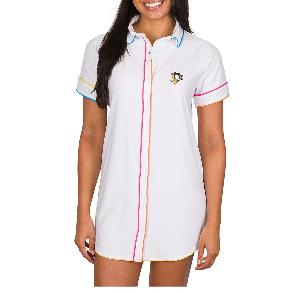 Women's Concepts Sport White Pittsburgh Penguins Flutter Knit Button-Up Nightshirt