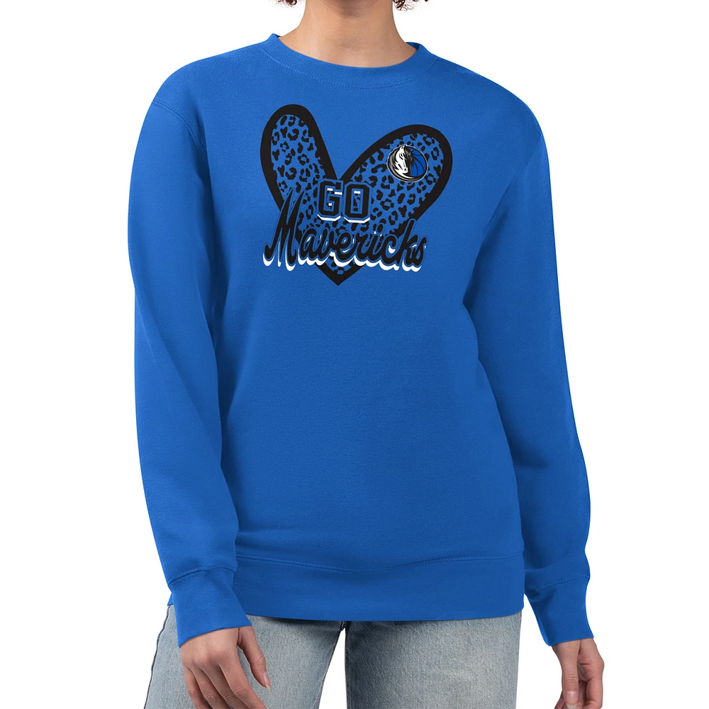 Women's G-III 4Her by Carl Banks Royal Dallas Mavericks Leopard Heart Fleece Pullover Sweatshirt