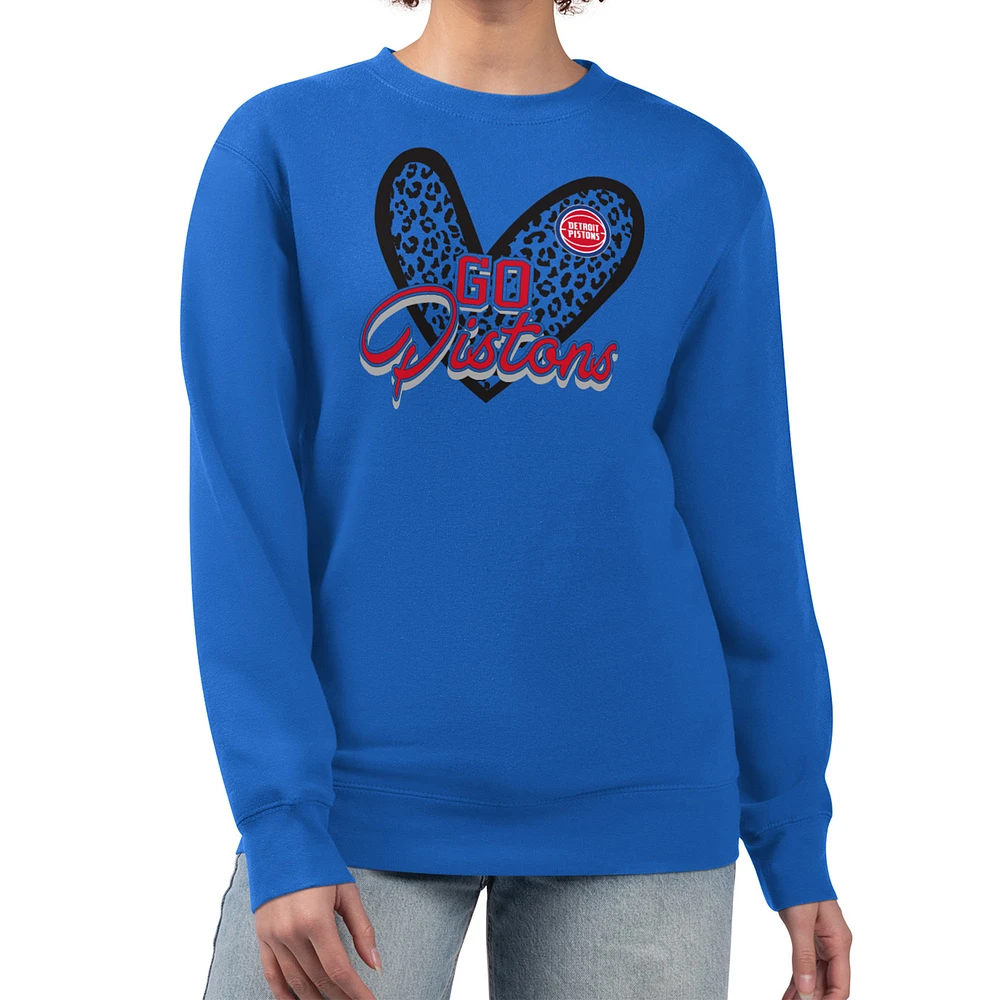 Women's G-III 4Her by Carl Banks Royal Detroit Pistons Leopard Heart Fleece Pullover Sweatshirt