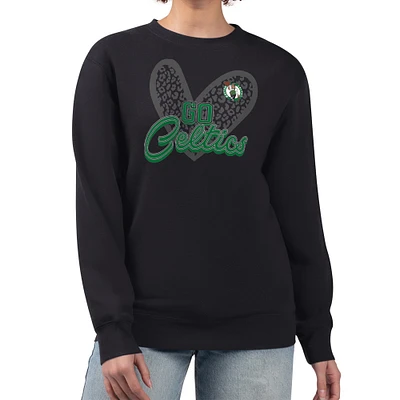 Women's G-III 4Her by Carl Banks Black Boston Celtics Leopard Heart Fleece Pullover Sweatshirt