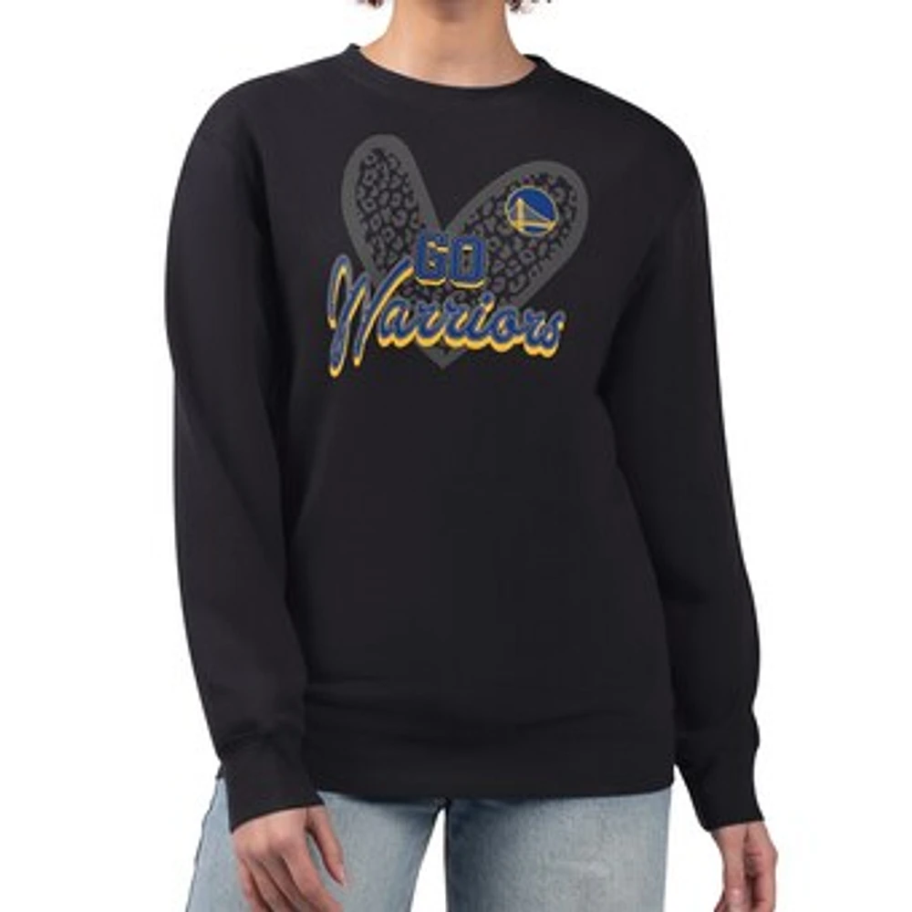 Women's G-III 4Her by Carl Banks Black Golden State Warriors Leopard Heart Fleece Pullover Sweatshirt