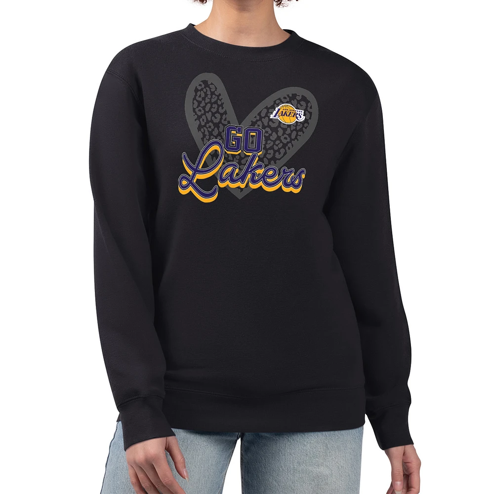 Women's G-III 4Her by Carl Banks Black Los Angeles Lakers Leopard Heart Fleece Pullover Sweatshirt