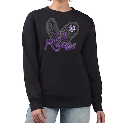 Women's G-III 4Her by Carl Banks Black Sacramento Kings Leopard Heart Fleece Pullover Sweatshirt