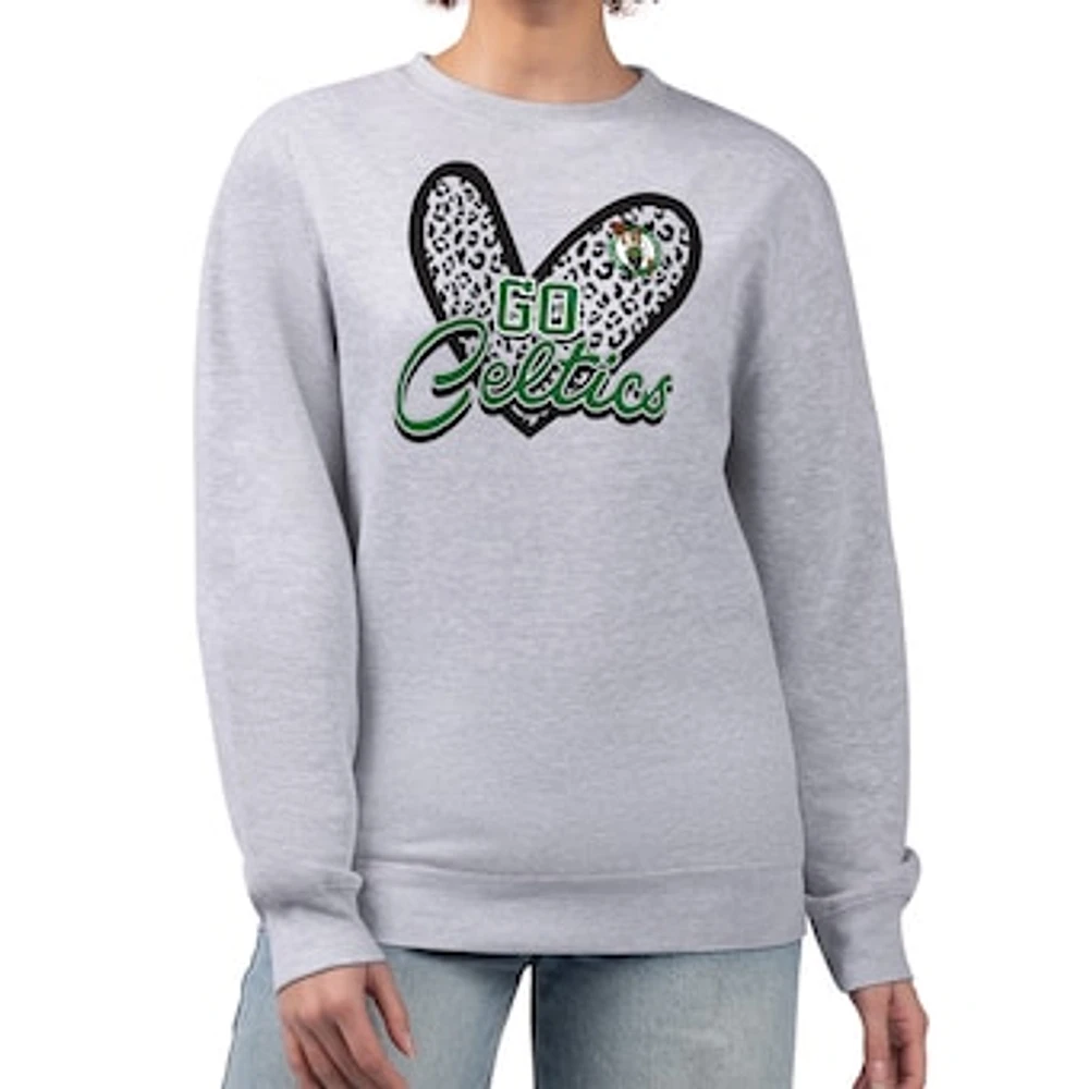 Women's G-III 4Her by Carl Banks Heather Gray Boston Celtics Leopard Heart Fleece Pullover Sweatshirt